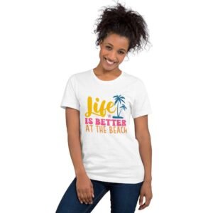 Woman wearing Better at the Beach t-shirt with palm tree and summer beach design