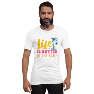 Man wearing Coastal Beach Vibes t-shirt with palm tree and “Life Is Better at the Beach” design