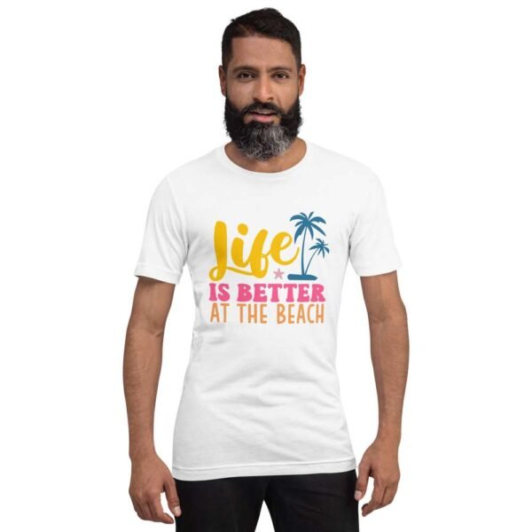 Man wearing Coastal Beach Vibes t-shirt with palm tree and “Life Is Better at the Beach” design