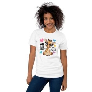 Woman wearing Cute Giraffe t-shirt with a cartoon giraffe and “You Bet Giraffe I’m Cute” quote