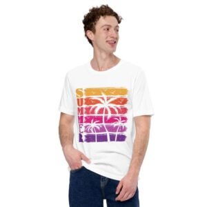 Men wearing Tropical Summer Sunset t-shirt with retro tropical sunset design