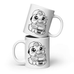 Ceramic coffee mug with cute duck illustration and “Coffee Time” text