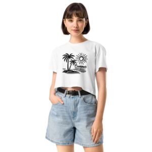 Woman wearing Island Summer Vibes white crop top with palm trees, sun, and island illustration