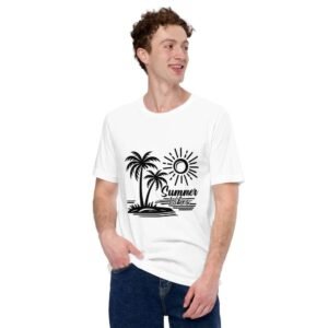 Man wearing Tropical Summer Vibes white t-shirt with palm trees, sun, and tropical island design