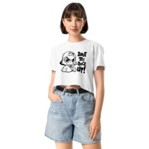 Woman wearing Shut the Duck Up crop top with cartoon duck and funny quote