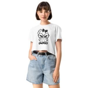 Woman wearing Unhinged crop top with angry cartoon duck and “Completely Unhinged” quote