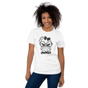 Woman wearing t-shirt with angry cartoon duck and “Completely Unhinged” quote