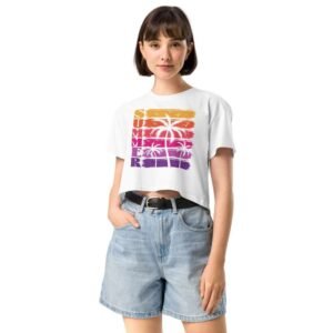 Woman wearing Summer Palm crop top with tropical sunset and palm tree design