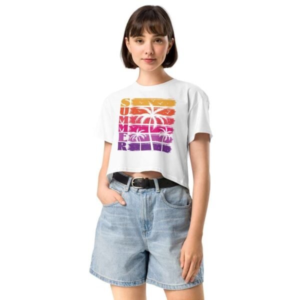 Woman wearing Summer Palm crop top with tropical sunset and palm tree design