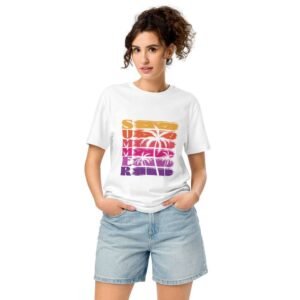 Woman wearing Summer Sunset Palms t-shirt with retro tropical sunset design