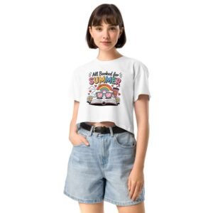 Woman wearing All Booked crop top with book lover summer design