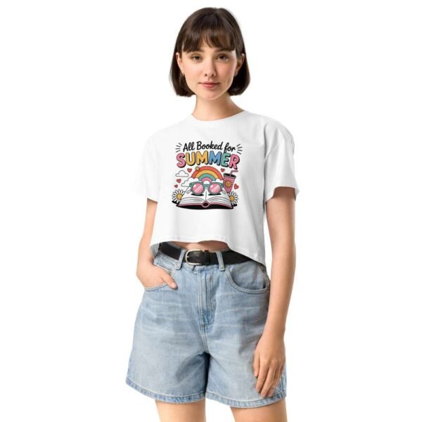 Woman wearing All Booked crop top with book lover summer design