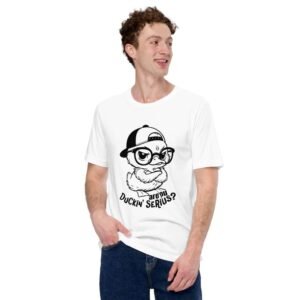 Man wearing Are You Duckin Serious t-shirt with sarcastic cartoon duck and bold quote