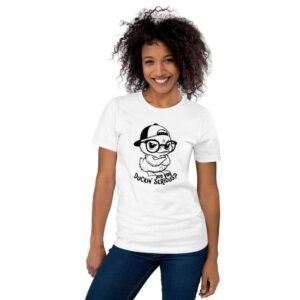 Woman wearing Are You Duckin Serious t-shirt with sarcastic cartoon duck and bold quote