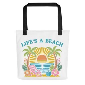 Beach life tote bag with colorful sunset, palm trees, tropical florals, and beach chair