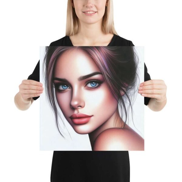 Woman holding a beautiful woman portrait poster with glowing skin and vivid blue eyes