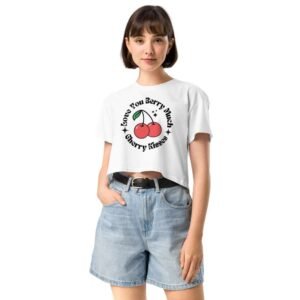 Woman wearing Cherry Kisses crop top with cherries and “Love You Berry Much” quote