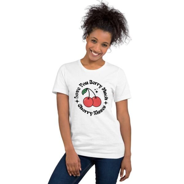 Woman wearing Cherry Kisses t-shirt with cherry illustration and cute love quote