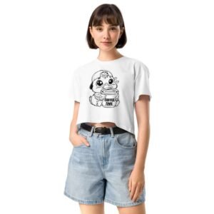 Woman wearing Coffee Duck white crop top with cute duck holding a coffee cup and “Coffee Time” quote