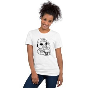 Woman wearing Coffee Duck white t-shirt with cute duck holding a coffee cup and “Coffee Time” quote