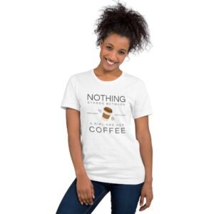 Woman wearing Coffee Girl Power t-shirt with coffee quote design
