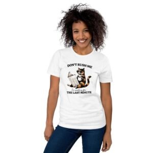 Woman wearing procrastination cat t-shirt with funny text and coffee cup design
