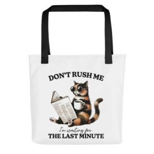 Sarcastic last minute cat tote bag with coffee cup and newspaper print