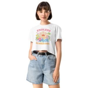 Woman wearing Endless Summer crop top with beachy palm tree and colorful wave design