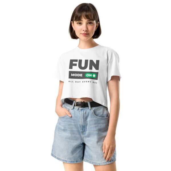 Woman wearing Everyday Fun Energy crop top with fun quote design