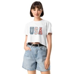 Woman wearing floral USA crop top with bold flower-filled letters
