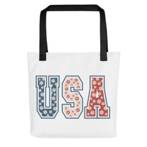 Floral USA tote bag with flower-patterned bold letters USA