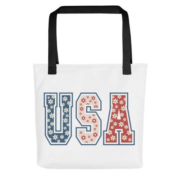 Floral USA tote bag with flower-patterned bold letters USA