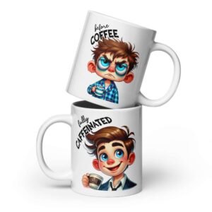 Fully caffeinated boy mug with cartoon showing sleepy and energetic boy before and after coffee