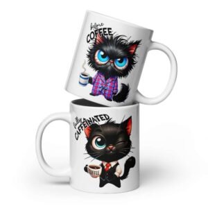 Fully caffeinated cat mug with cartoon of sleepy and hyper cat before and after coffee