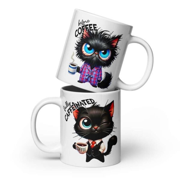Fully caffeinated cat mug with cartoon of sleepy and hyper cat before and after coffee