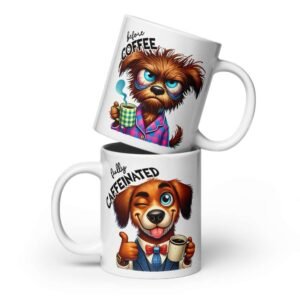 Fully caffeinated dog mug with cartoon before and after coffee dog expression