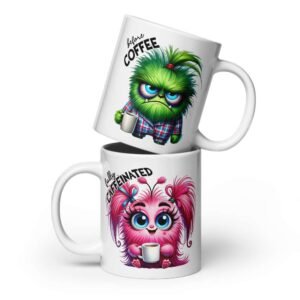 Fully caffeinated monsters mug with cute green and pink furry characters before and after coffee