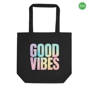 Good Vibes tote bag with palm tree design and bold sunset-colored text