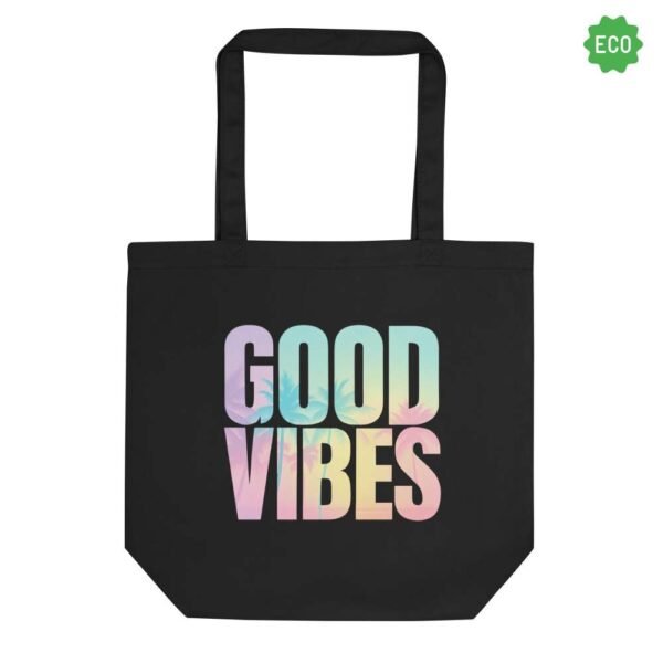 Good Vibes tote bag with palm tree design and bold sunset-colored text