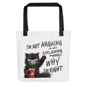 Explaining cat tote with confident quote and funny expression