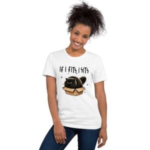 Woman wearing If I Fits cat t-shirt with a cat sitting in a box