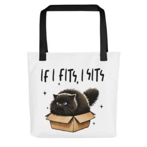 If I Fits tote bag with cat sitting inside a cardboard box