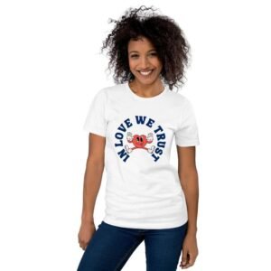 Woman wearing In Love We Trust t-shirt with cartoon heart sticking tongue out and playful love quote