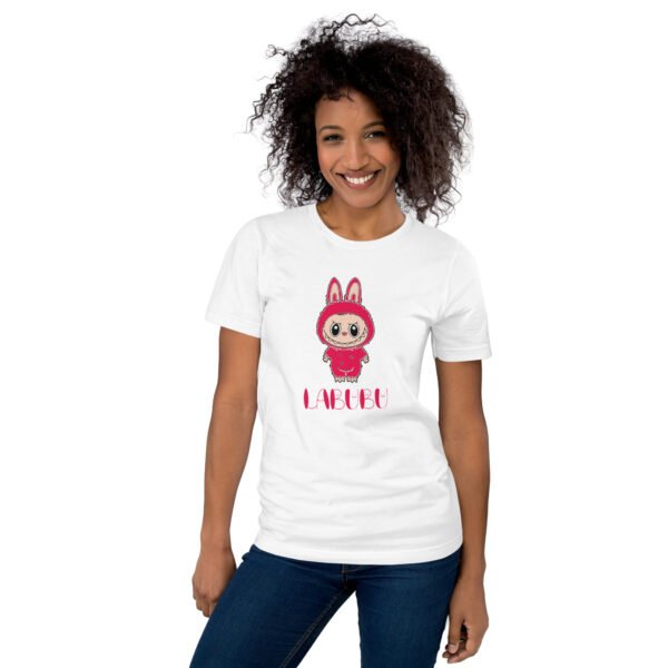 Woman wearing Labubu style t shirt with POP MART collectible character