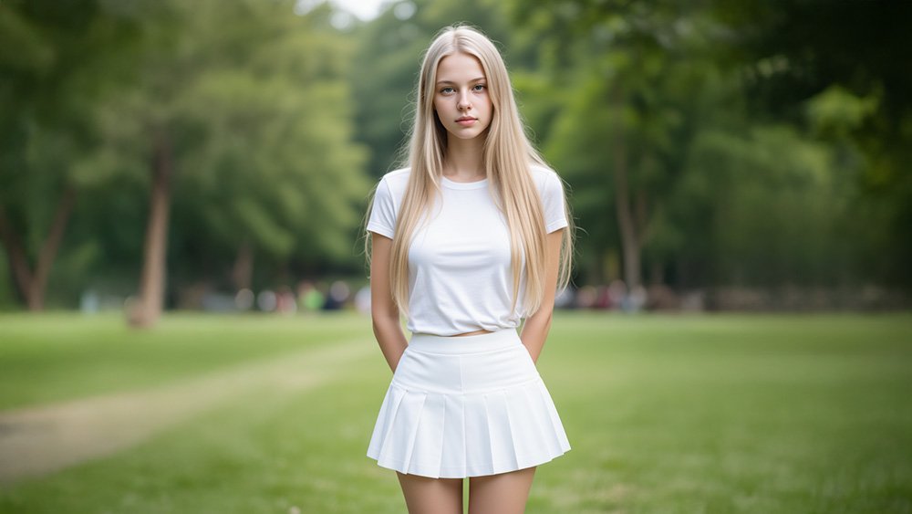 Woman wearing white t-shirt and white skirt
