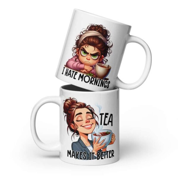 Morning tea girl mug with funny quotes and soft pink illustration
