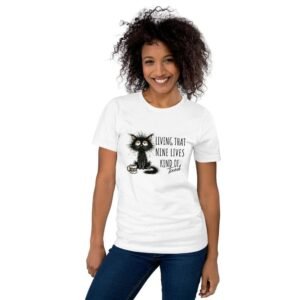 Woman wearing t-shirt with sleepy cat and coffee cup