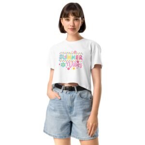 Women wearing white crop top with pastel hearts and flowers design and Playful Summer Vibes quote