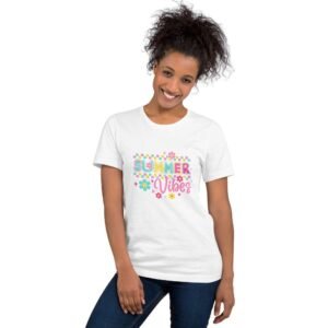 Women wearing white t-shirt with pastel hearts and flowers design and Playful Summer Vibes quote