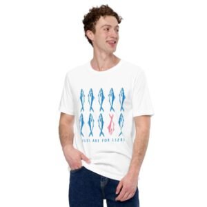 Man wearing Rebel Fish t-shirt with fishes and “Rules are for losers” text